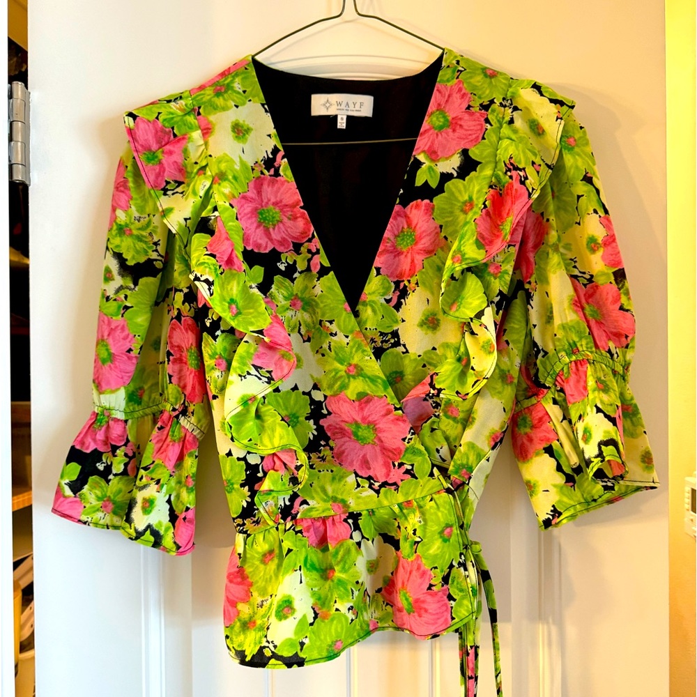 Floral Green, Pink, Black Blouse, Size S